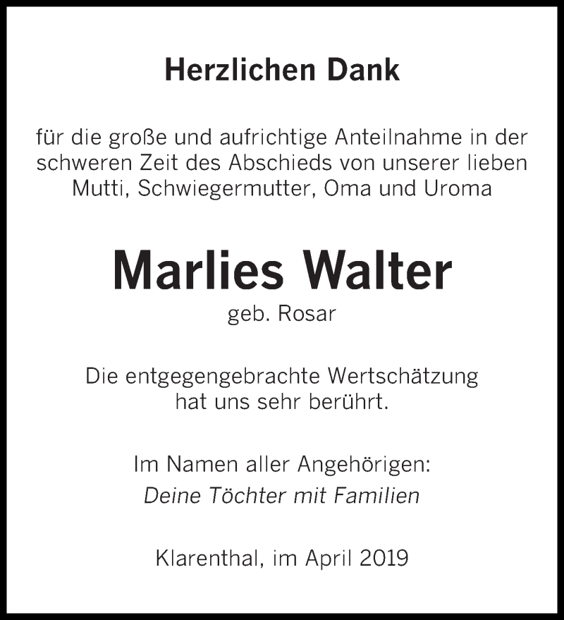  Traueranzeige für Marlies Walter vom 06.04.2019 aus saarbruecker_zeitung