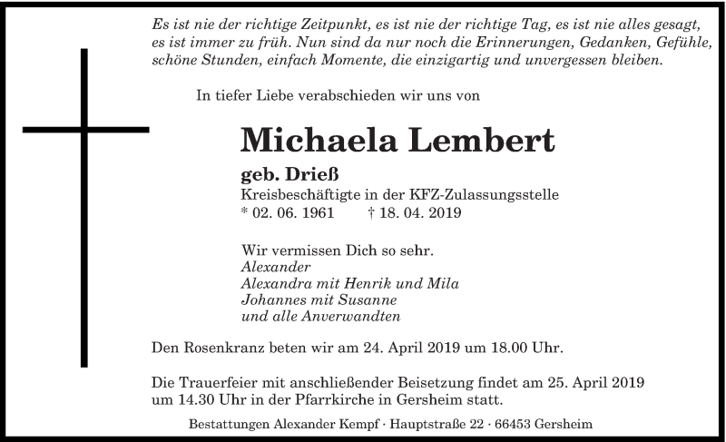  Traueranzeige für Michaela Lembert vom 23.04.2019 aus saarbruecker_zeitung