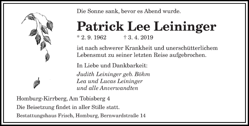  Traueranzeige für Patrick Lee Leininger vom 09.04.2019 aus saarbruecker_zeitung