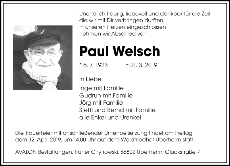  Traueranzeige für Paul Welsch vom 06.04.2019 aus saarbruecker_zeitung