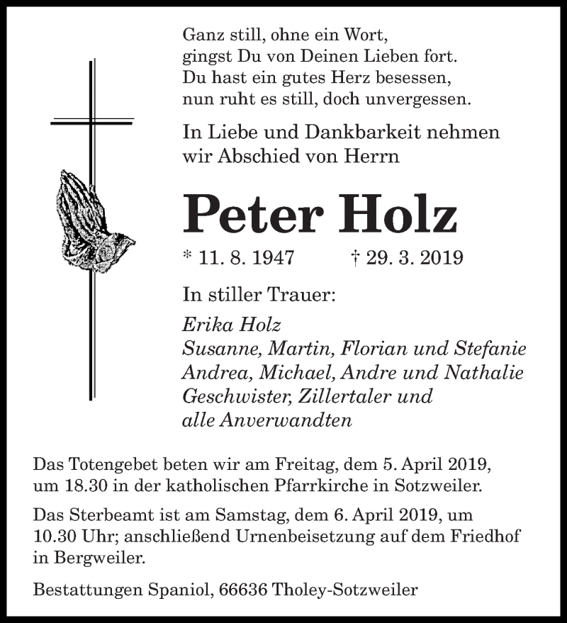  Traueranzeige für Peter Holz vom 04.04.2019 aus saarbruecker_zeitung