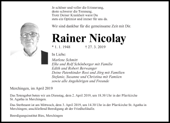 Traueranzeige von Rainer Nicolay von saarbruecker_zeitung