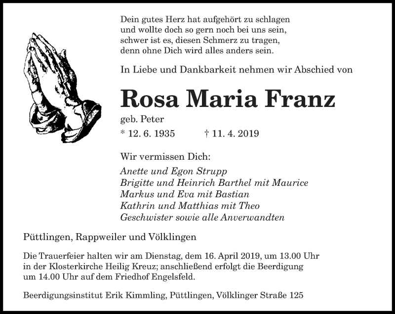  Traueranzeige für Rosa Maria Franz vom 15.04.2019 aus saarbruecker_zeitung