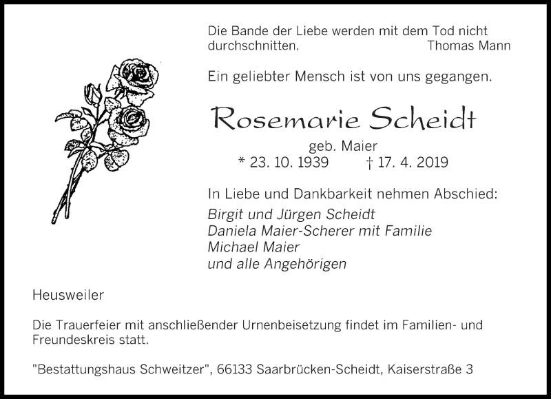  Traueranzeige für Rosemarie Scheidt vom 27.04.2019 aus saarbruecker_zeitung