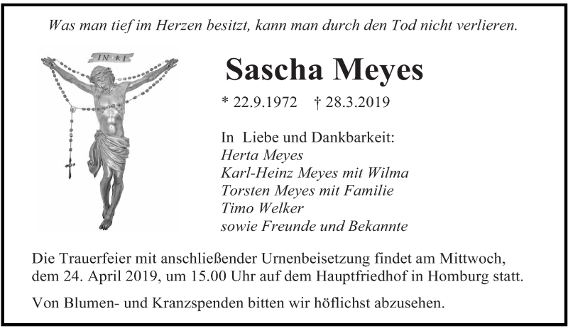  Traueranzeige für Sascha Meyes vom 20.04.2019 aus saarbruecker_zeitung