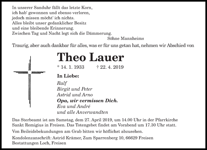  Traueranzeige für Theo Lauer vom 25.04.2019 aus saarbruecker_zeitung