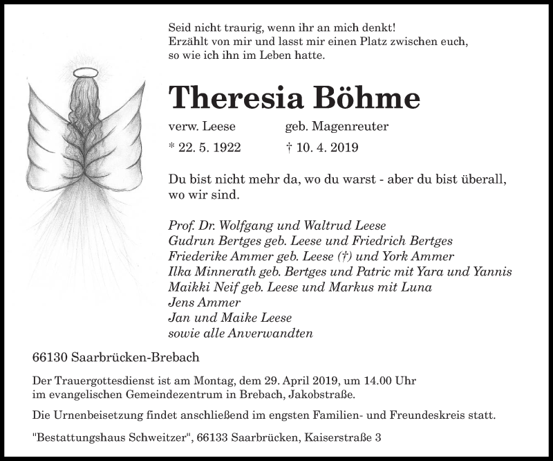  Traueranzeige für Theresia Böhme vom 20.04.2019 aus saarbruecker_zeitung