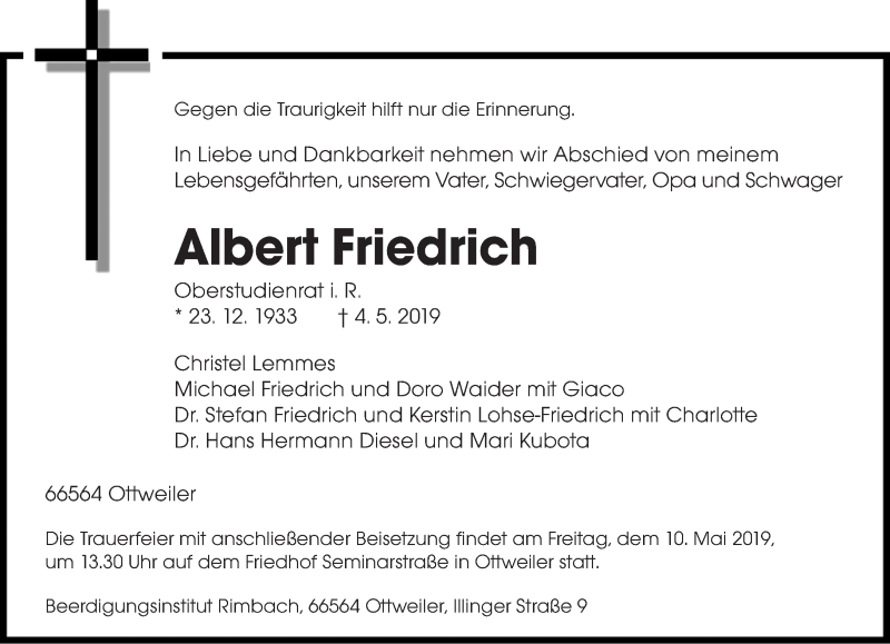  Traueranzeige für Albert Friedrich vom 07.05.2019 aus saarbruecker_zeitung