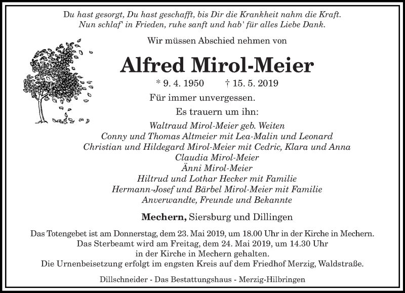  Traueranzeige für Alfred Mirol-Meier vom 22.05.2019 aus saarbruecker_zeitung