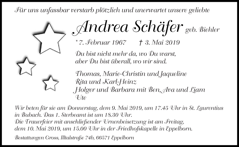  Traueranzeige für Andrea Schäfer vom 08.05.2019 aus saarbruecker_zeitung