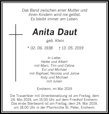 Traueranzeige von Anita Daut von saarbruecker_zeitung