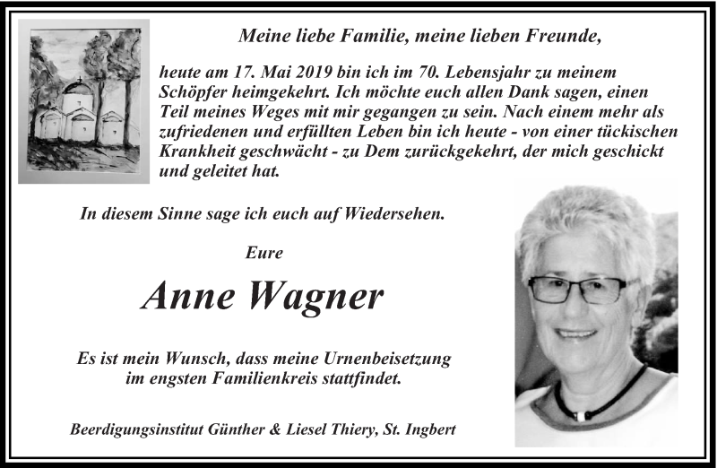  Traueranzeige für Anne Wagner vom 27.05.2019 aus saarbruecker_zeitung