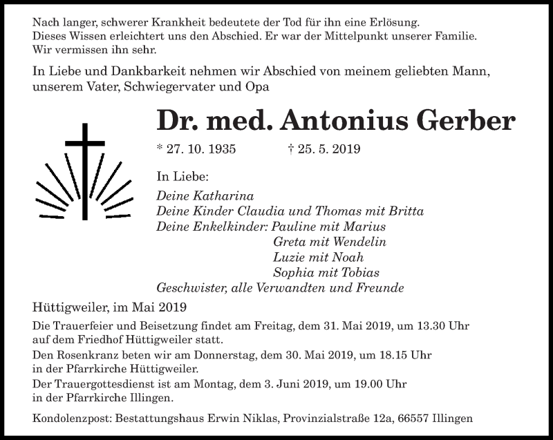  Traueranzeige für Antonius Gerber vom 29.05.2019 aus saarbruecker_zeitung