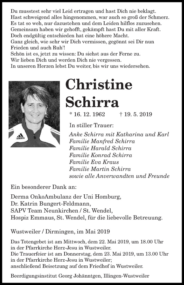  Traueranzeige für Christine Schirra vom 22.05.2019 aus saarbruecker_zeitung