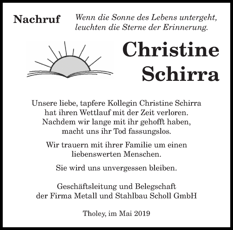  Traueranzeige für Christine Schirra vom 23.05.2019 aus saarbruecker_zeitung