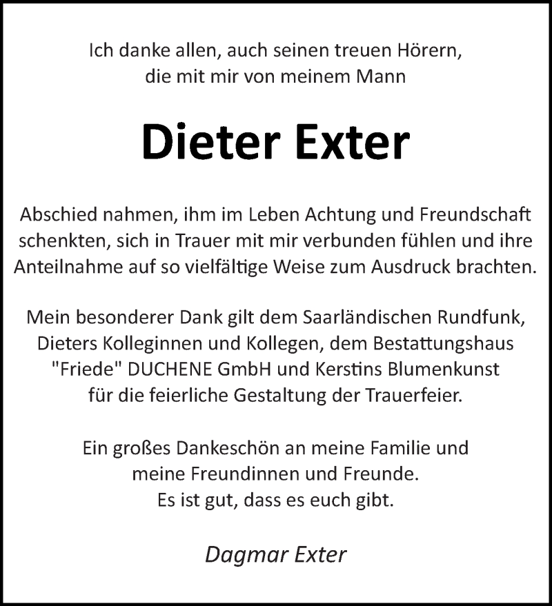  Traueranzeige für Dieter Exter vom 18.05.2019 aus saarbruecker_zeitung
