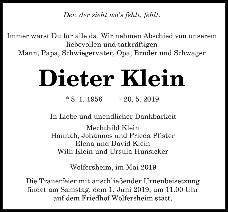  Traueranzeige für Dieter Klein vom 25.05.2019 aus saarbruecker_zeitung
