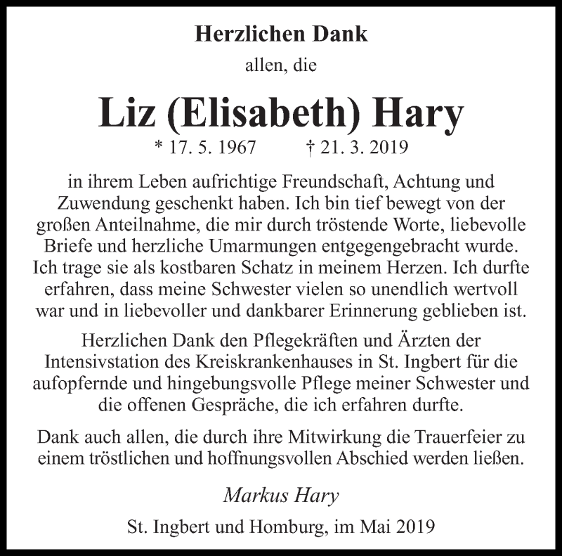  Traueranzeige für Elisabeth Hary vom 11.05.2019 aus saarbruecker_zeitung