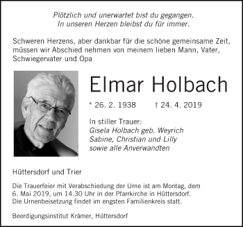 Traueranzeige von Elmar Holbach Holbach von saarbruecker_zeitung