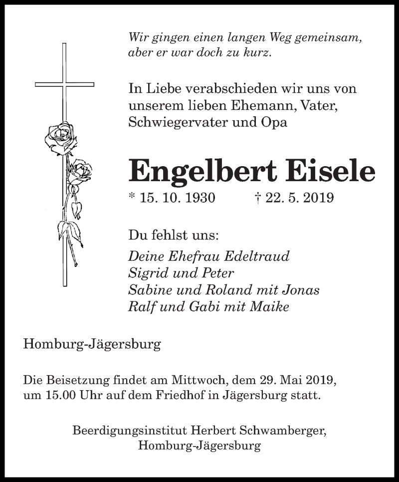  Traueranzeige für Engelbert Eisele vom 27.05.2019 aus saarbruecker_zeitung