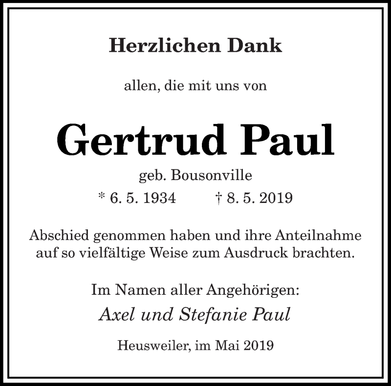  Traueranzeige für Gertrud Paul vom 29.05.2019 aus saarbruecker_zeitung