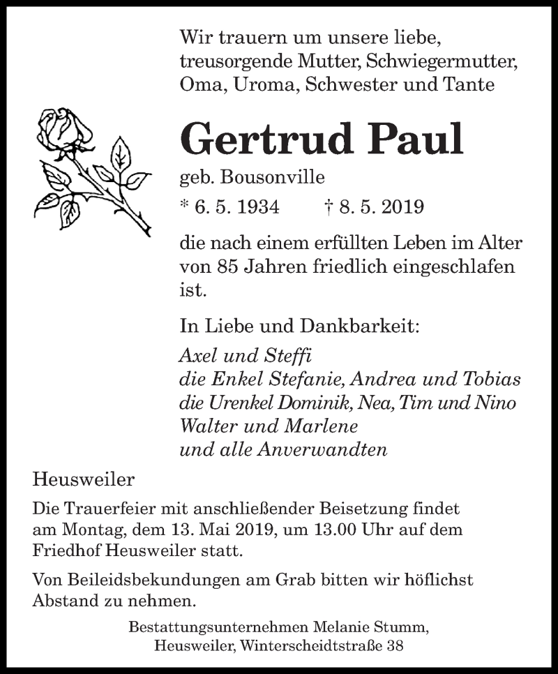  Traueranzeige für Gertrud Paul vom 10.05.2019 aus saarbruecker_zeitung