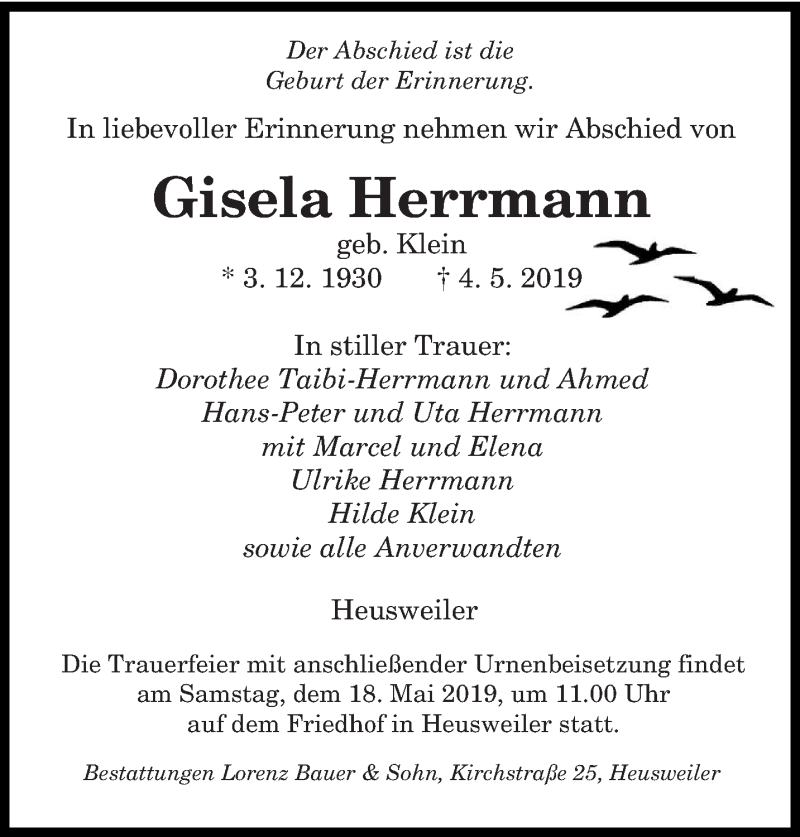  Traueranzeige für Gisela Herrmann vom 15.05.2019 aus saarbruecker_zeitung