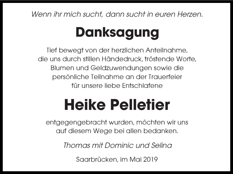  Traueranzeige für Heike Pelletier vom 11.05.2019 aus saarbruecker_zeitung