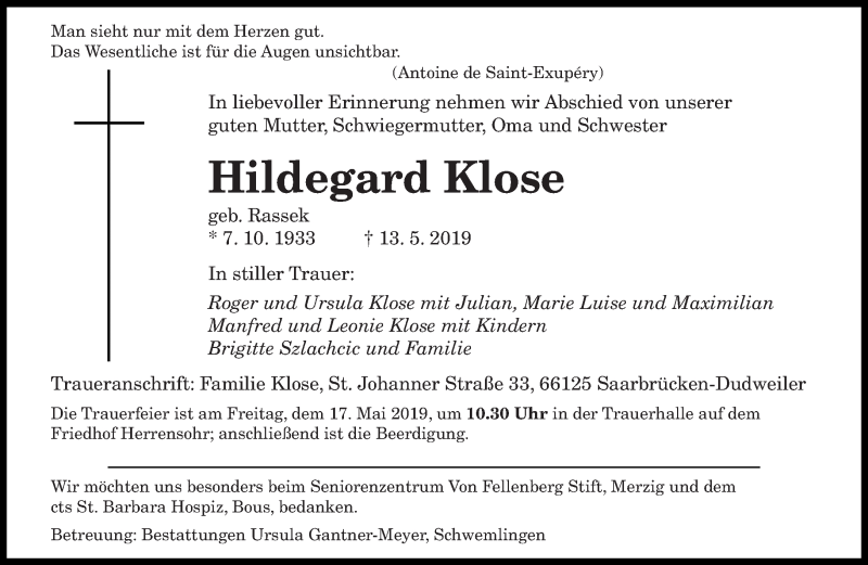  Traueranzeige für Hildegard Klose vom 15.05.2019 aus saarbruecker_zeitung