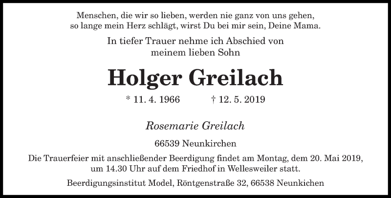  Traueranzeige für Holger Greilach vom 15.05.2019 aus saarbruecker_zeitung