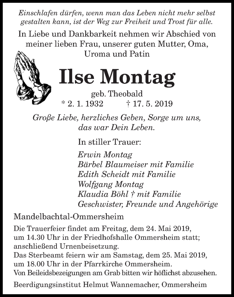  Traueranzeige für Ilse Montag vom 21.05.2019 aus saarbruecker_zeitung
