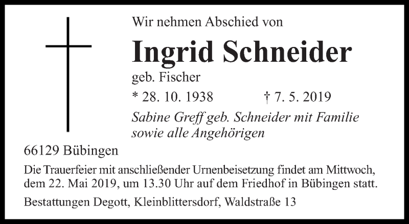 Traueranzeigen Von Ingrid Schneider Saarbruecker Zeitung Trauer De