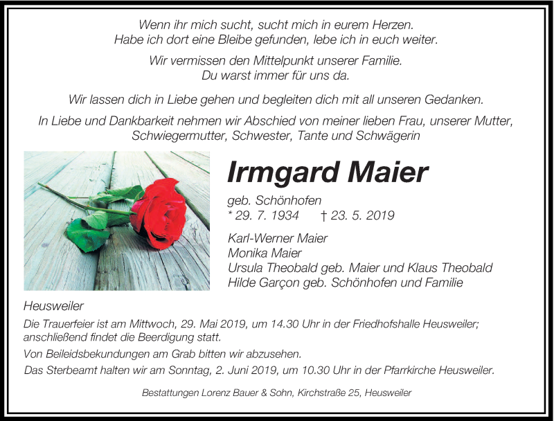  Traueranzeige für Irmgard Maier vom 27.05.2019 aus saarbruecker_zeitung