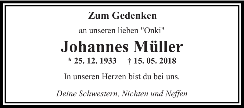  Traueranzeige für Johannes Müller vom 18.05.2019 aus saarbruecker_zeitung