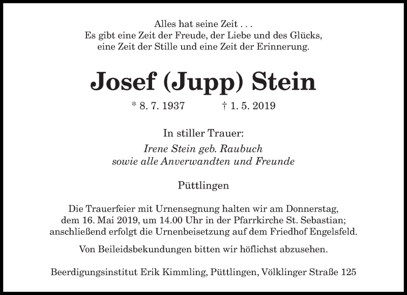  Traueranzeige für Josef Stein vom 11.05.2019 aus saarbruecker_zeitung