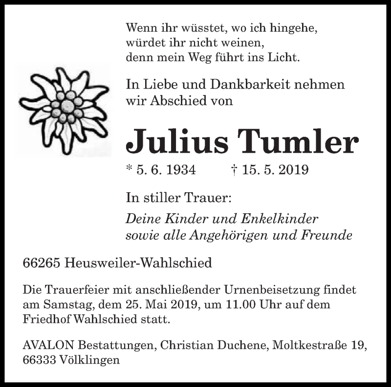  Traueranzeige für Julius Tumler vom 18.05.2019 aus saarbruecker_zeitung