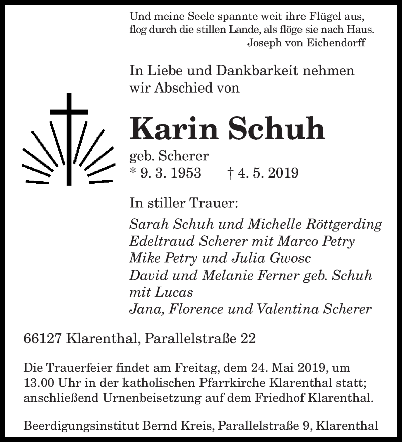  Traueranzeige für Karin Schuh vom 18.05.2019 aus saarbruecker_zeitung