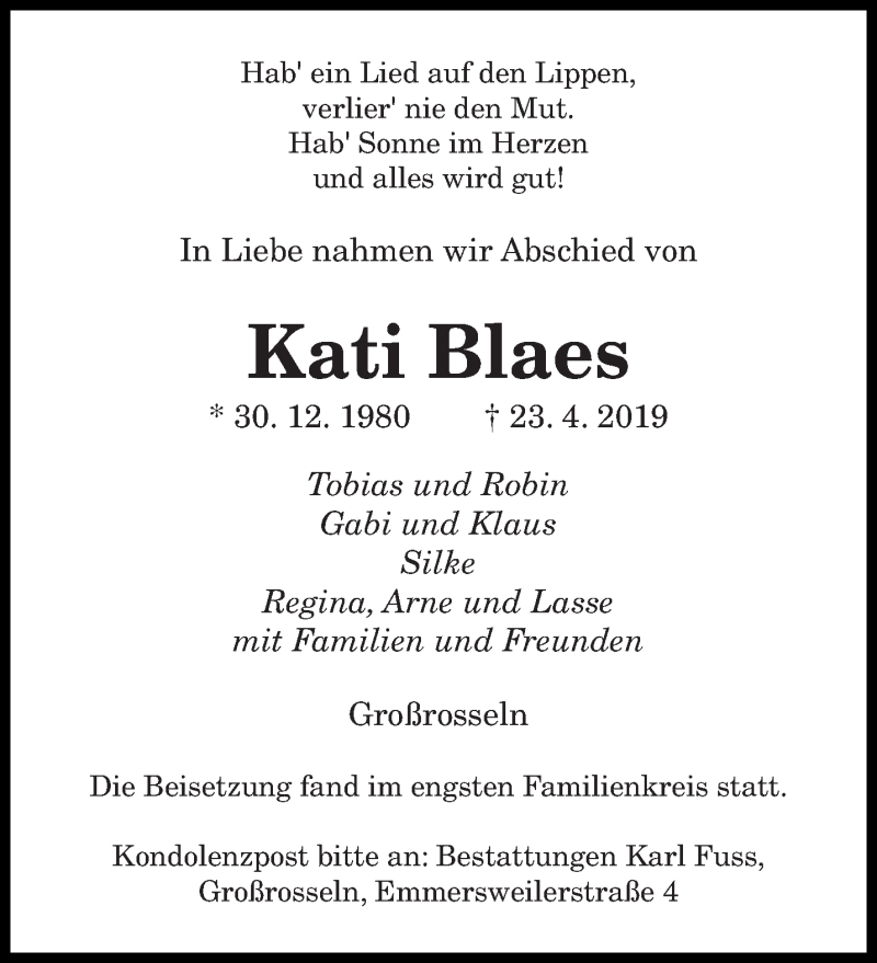  Traueranzeige für Kati Blaes vom 25.05.2019 aus saarbruecker_zeitung
