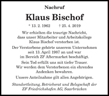 Traueranzeige von Klaus Bischof von saarbruecker_zeitung