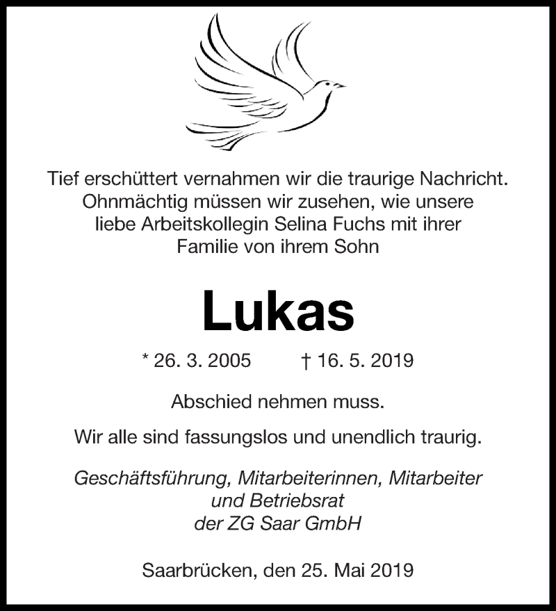  Traueranzeige für Lukas Fuchs vom 25.05.2019 aus saarbruecker_zeitung