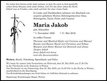 Traueranzeige von Maria Jakob von saarbruecker_zeitung