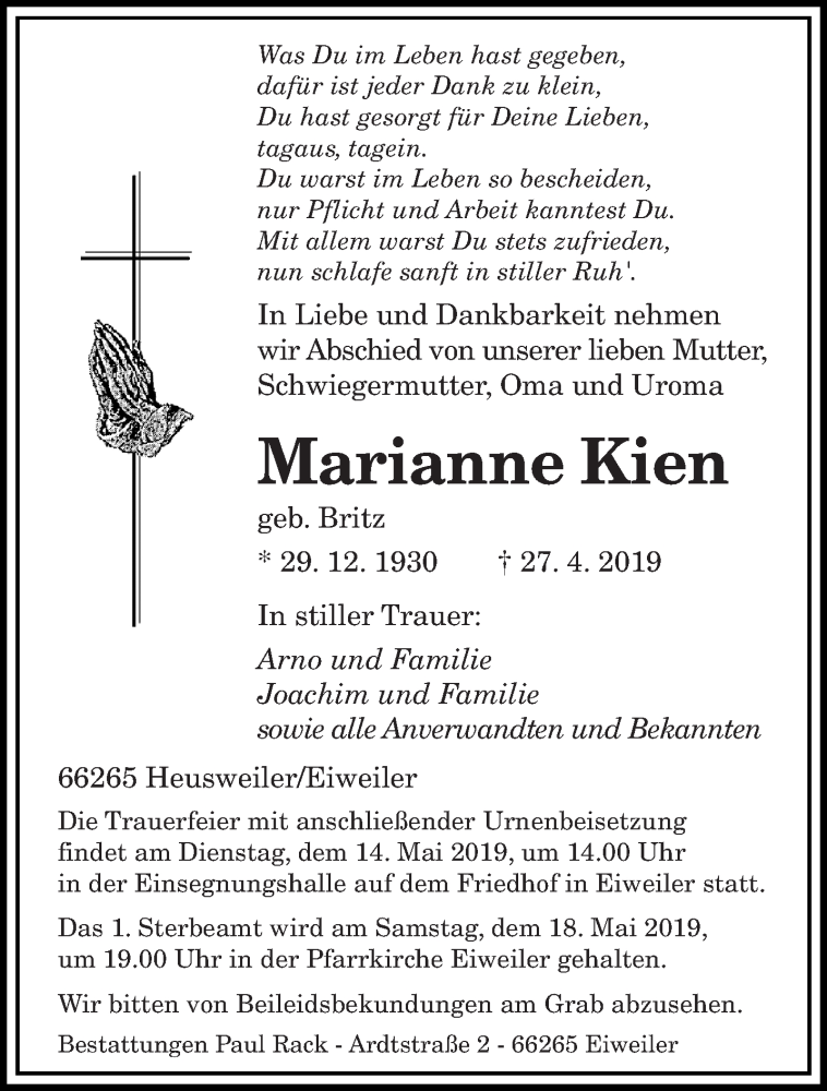  Traueranzeige für Marianne Kien vom 11.05.2019 aus saarbruecker_zeitung