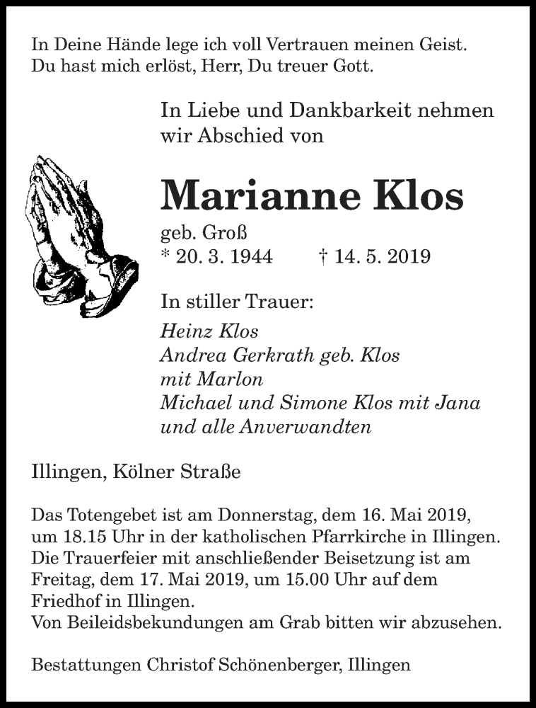 Traueranzeige für Marianne Klos vom 15.05.2019 aus saarbruecker_zeitung