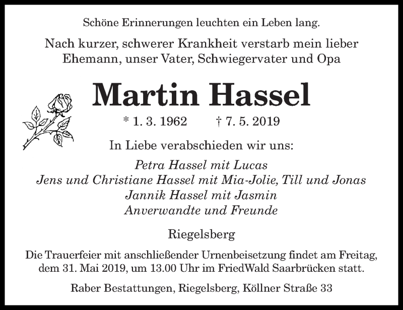  Traueranzeige für Martin Hassel vom 16.05.2019 aus saarbruecker_zeitung