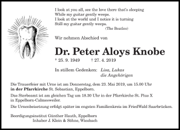 Traueranzeige von Peter Aloys Knobe von saarbruecker_zeitung