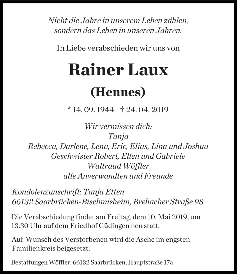  Traueranzeige für Rainer Laux vom 04.05.2019 aus saarbruecker_zeitung