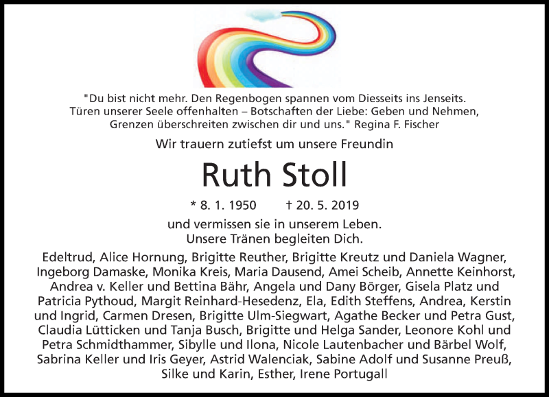  Traueranzeige für Ruth Stoll vom 25.05.2019 aus saarbruecker_zeitung