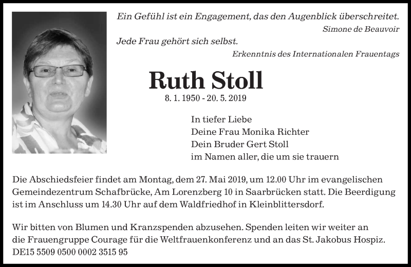  Traueranzeige für Ruth Stoll vom 25.05.2019 aus saarbruecker_zeitung
