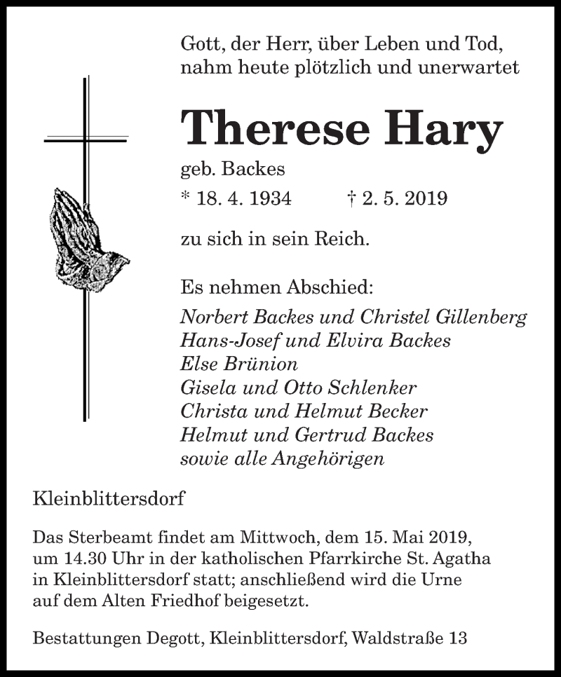  Traueranzeige für Therese Hary vom 11.05.2019 aus saarbruecker_zeitung
