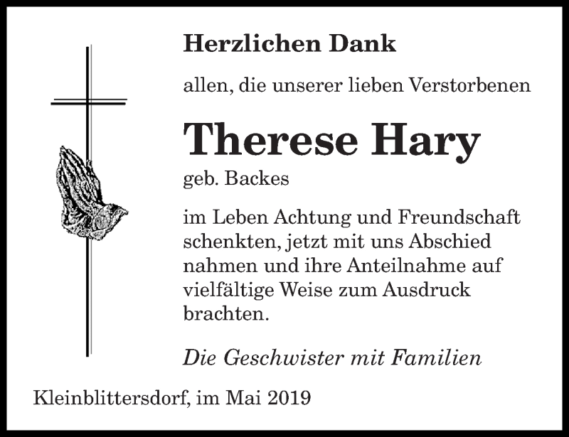  Traueranzeige für Therese Hary vom 18.05.2019 aus saarbruecker_zeitung